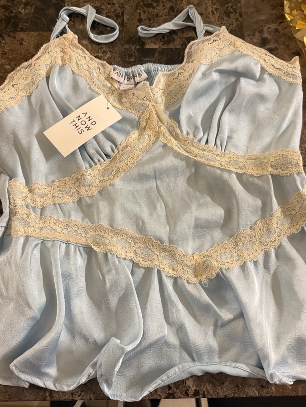 Light Blue Satin Chemise with Cream Lace Trim